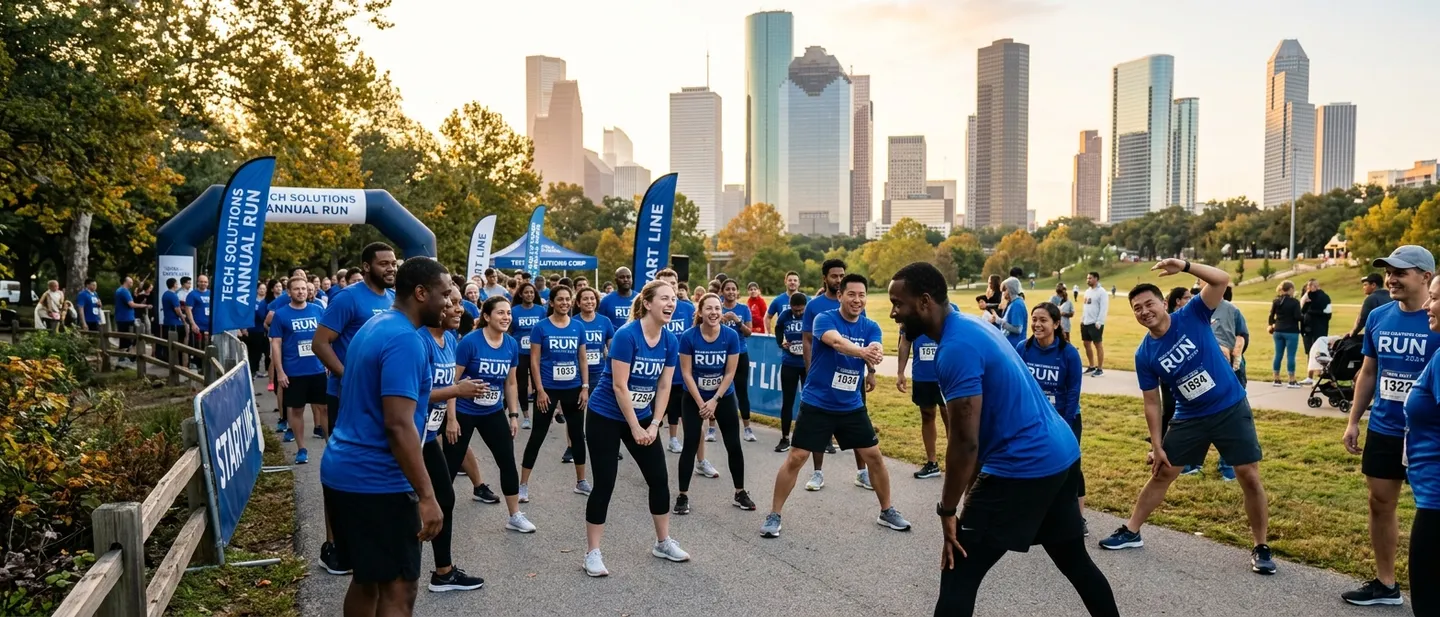 Corporate team warming up before a company run event